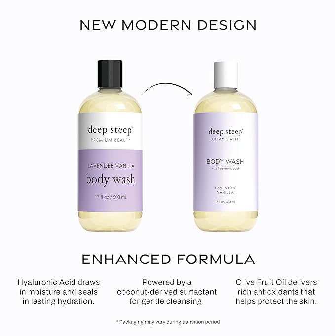 Deep Steep Lavender Vanilla Body Wash, Hydrating Shower Gel with Hyaluronic Acid & Shea Butter for Sensitive Skin, Bodywash for Women & Men, 17 Fl Oz, 1-Pack