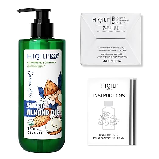 HIQILI Organic Sweet Almond Oil Large Capacity for Skin, Hair & Skin Care