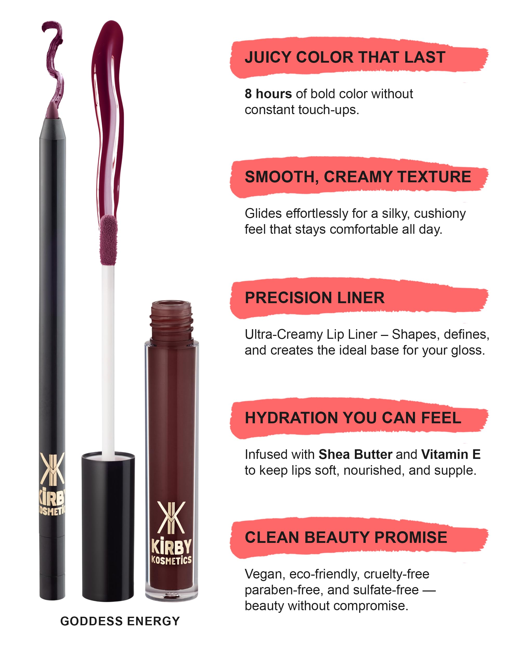 Kirby Kosmetics Lip Kit Duo – Goddess Energy - TikTok-Viral Precision Liner & Glossy Liquid Lipstick, Clean 2-Step Set with Hydrating Long-Wear Color – Bold Inclusive Beauty for Everyday Konfidence