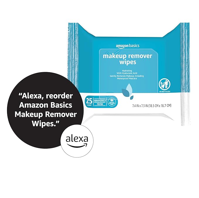 Amazon Basics Makeup Remover Wipes, Gentle Cleansing, Dermatologist Tested, Hydrating with Hyaluronic Acid, Plant Based, Alcohol-Free, Removes Waterproof Mascara, Facial Cleansing, 25 Count