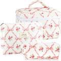 URSKYTOUS 3Pcs Makeup Bag Quilted Cosmetic Bag Set Bow Travel Large Makeup Pouch for Women Cute Portable Cotton Toiletry Bag Skincare Organizer Coquette Vintage Travel Essential
