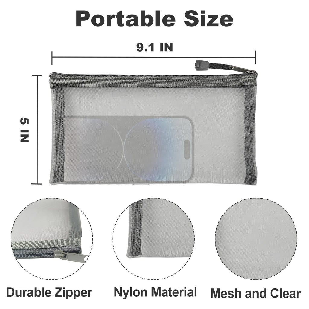 CarryEpic Mesh Bags with Zipper (6 Packs), Small Nylon Makeup Bag Cosmetic Pouches Travel Organizer Case for Purse Diaper Bag Home Organizing Gray