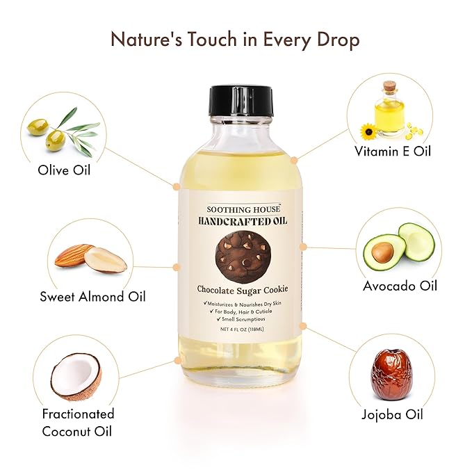 Soothing House Chocolate Sugar Cookie Body Oil: Moisturizing Body Oil for Soft, Glowing Skin with Almond & Jojoba Oil (4 fl oz)