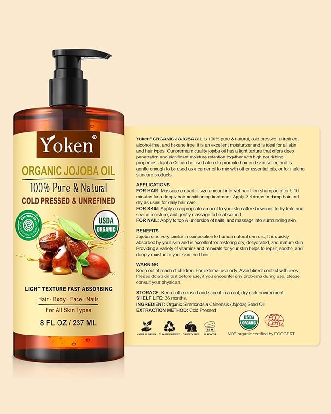 Yoken Organic Jojoba Oil 8oz, USDA Certified Pure for Hair, Skin Care