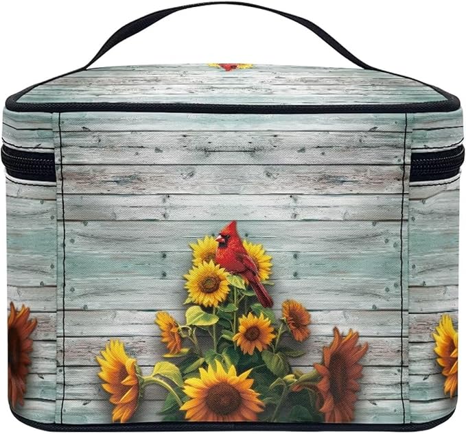 Drydeepin Cardinal Bird and Sunflower Print Travel Makeup Bags for Women Portable Tote Cosmetic Case with Carry Handle Toiletry Accessories Storage Organizer Bags