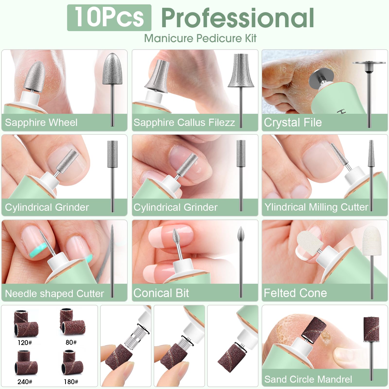 Cordless Electric Nail Drill with 360° LED light&10 Speeds, Professional Manicure Pedicure Kit, Rechargeable Pedicure Tools for feet, Hand Foot Care Nail Drill for Thick Nail Toenail Cuticle Women Men