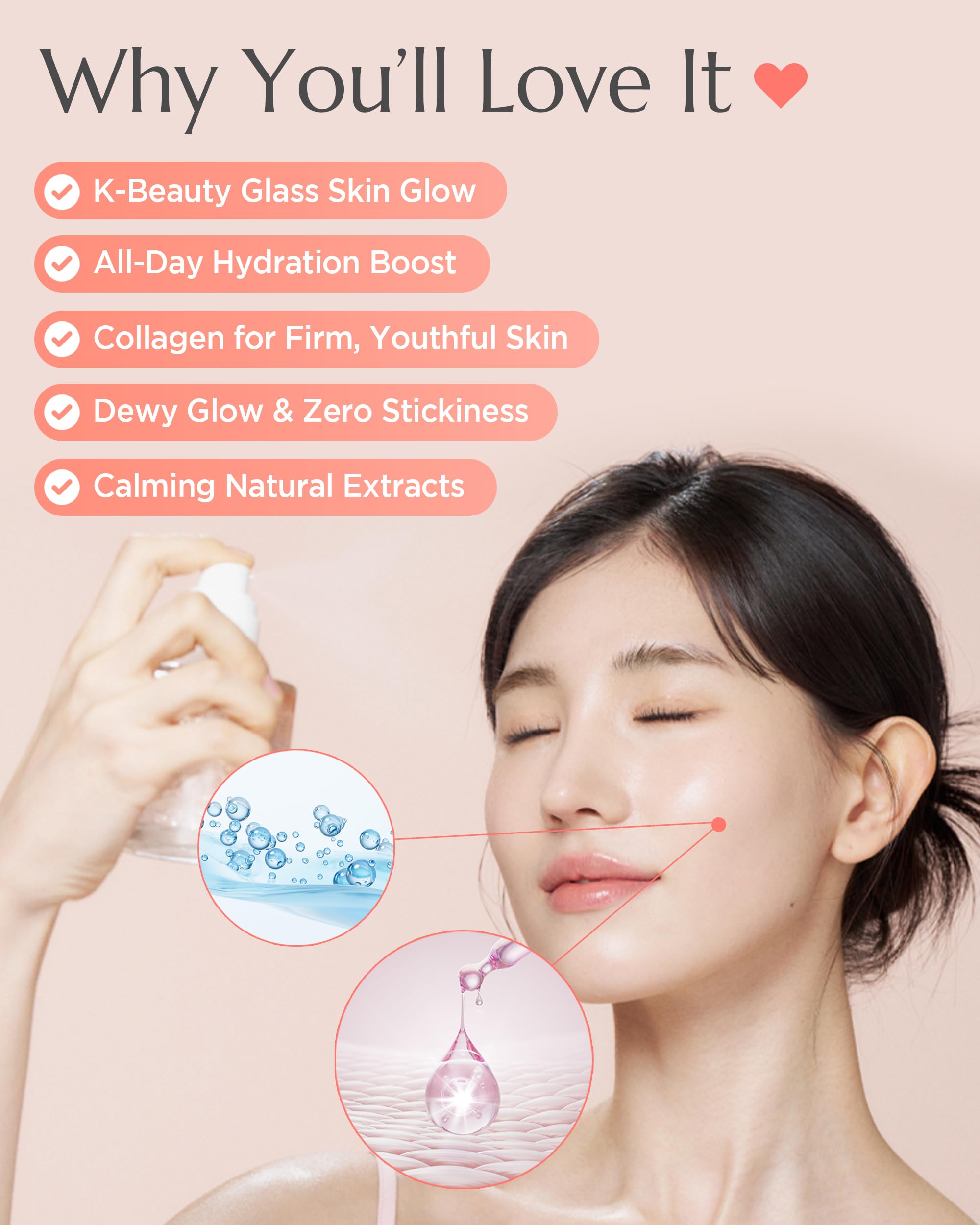 Vitkle Apricot Collagen Gel Serum Mist - Korean Face Moisturizer French Patented with 8-Layer Hyaluronic Acid, Bakuchiol, Adenosine for Hydration Glow Firming Anti-Aging Spray, 6.76 fl.oz.