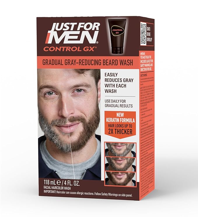Just for Men Control GX Grey Reducing Beard Wash Shampoo with Keratin, Gradually Colors Mustache and Beard, Leaves Facial Hair Thicker Softer and Fuller, 4 Fl Oz - Pack of 1