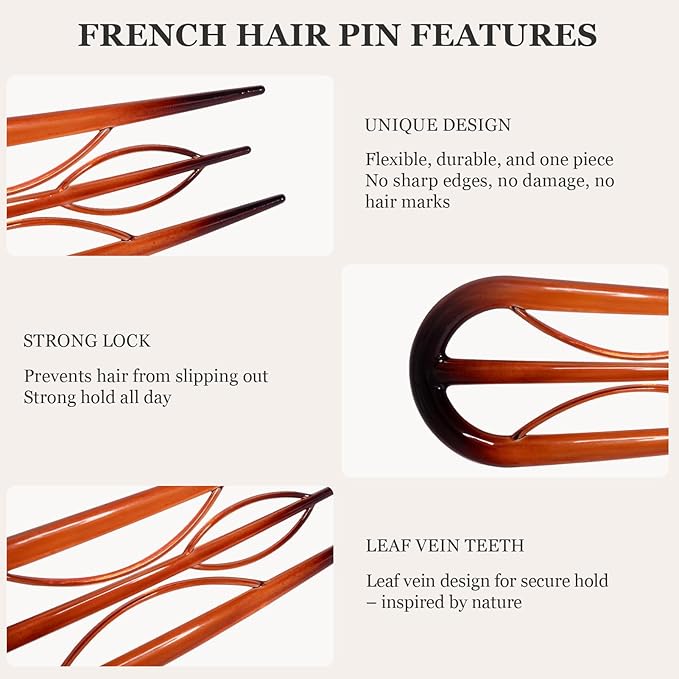 Sunolga 6PCS French Hair Pins for Women, French Pins Hair, 3.94" Large Hair Styling Pins for Thin Thick Hair, Unique 6 Internal Forks Teeth Hair Sticks Hairpin Amber