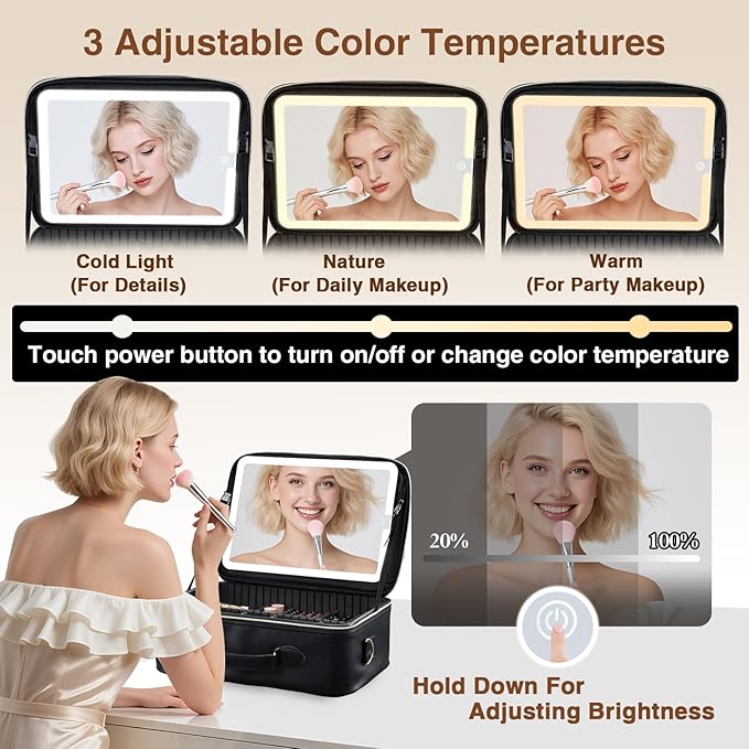 Faquenc Large Makeup Bag with LED Mirror,15”Cosmetic Train Case for Makeup Artists,Travel Makeup Organizer Case w Divider Rechargeable Vanity Mirror with 3 Color Lights for Barber,MUA,Nail Tech, Black