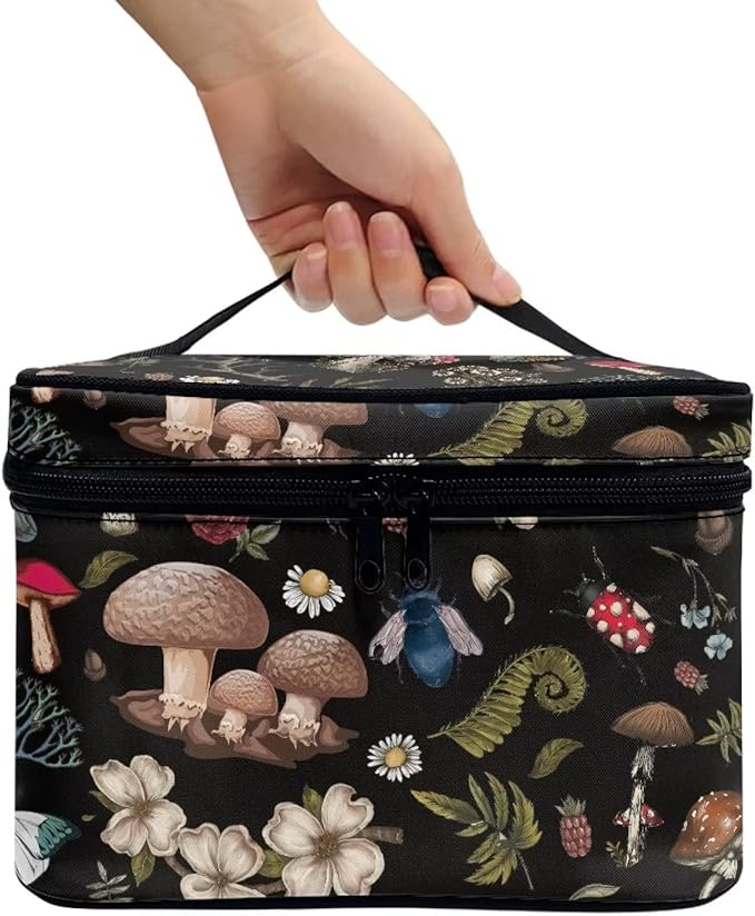 Drydeepin Dark Cottagecore Forest Mystical Moss Mushroom Print Makeup Travel Bag Portable Cosmetic Bags with Handle Travel Accessories Large Toiletry Bags for Traveling Women Organizer and Storage