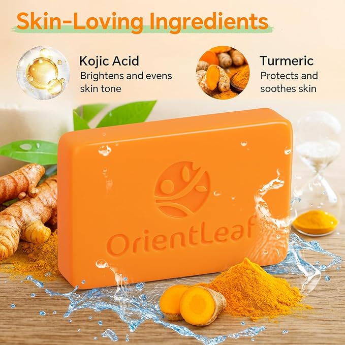 ORIENTLEAF Kojic Acid and Turmeric Soap for Dark Spots Remover, Brightening, Hyperpigmentation for Face, 4oz x 2 BARS
