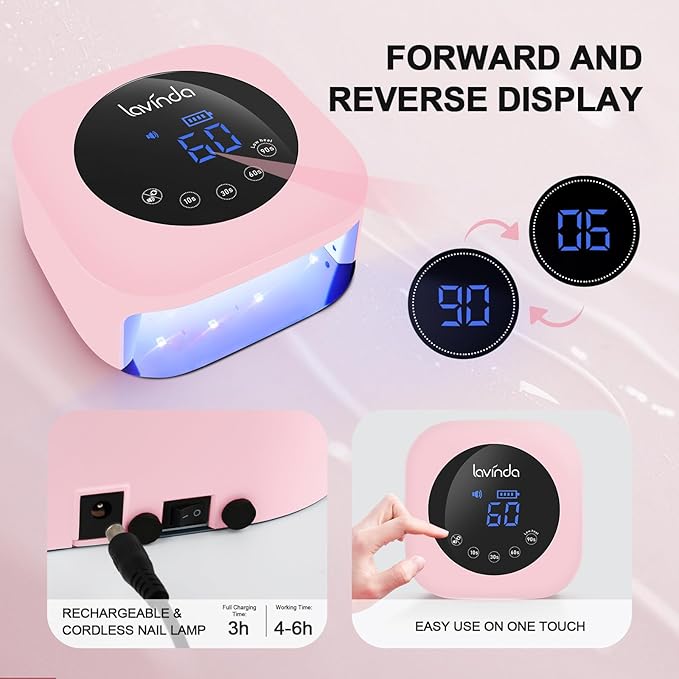 Lavinda 54W Cordless UV LED Nail Lamp for Gel Nails, Matte Macaron Pink