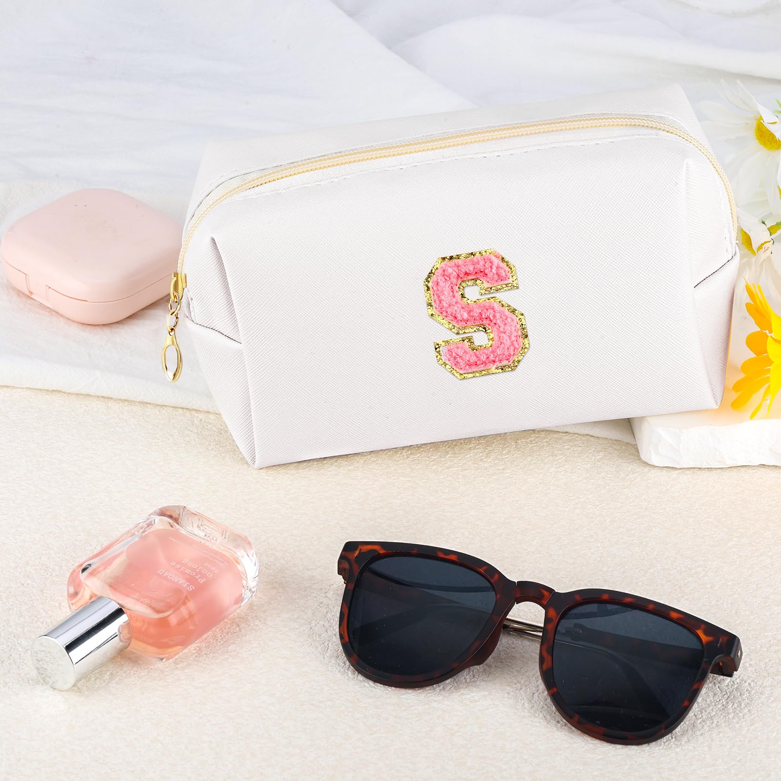 URSKYTOUS Initial Makeup Bag Personalized Preppy Travel Small Cosmetic Bag Cute PU White Chenille Letter Makeup Pouch for Purse Waterproof Zippered Toiletry Organizer for Women Girls Kids Friends (S)