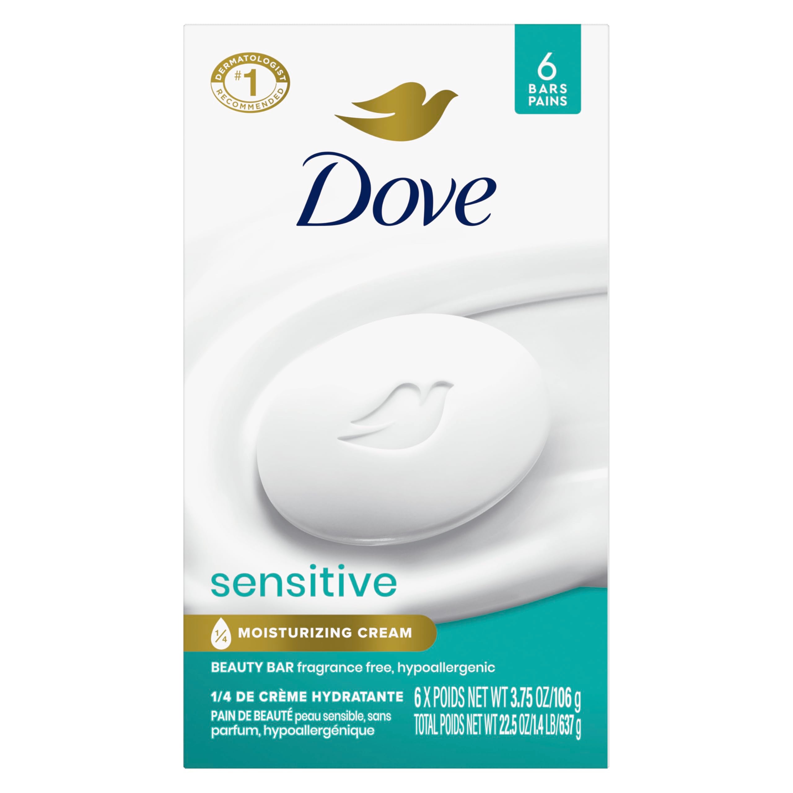 Dove Beauty Bar Soap Sensitive, 6 Bars for Sensitive Skin, Fragrance Free and Hypoallergenic 3.75 oz
