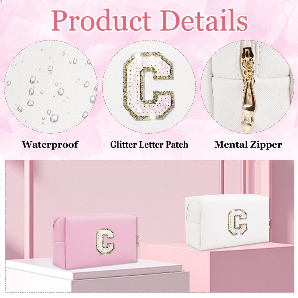 Small Personalized Glitter Initial Letter Makeup Bag, Cute PU Leather Chenille Letters Cosmetic Bag Travel Makeup Pouch, Preppy Travel Organizer Zipper Pouch for Women&Girls（White-I）