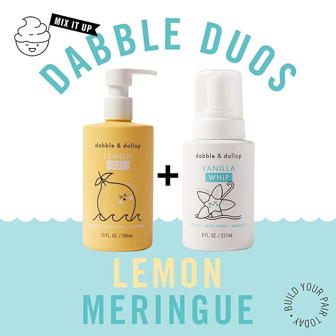 Dabble & Dollop Lemon + Vanilla Kids 3-in-1 Body Wash, Shampoo & Bubble Bath Bundle – Gel + Foam Whip Set, Tear-Free, Gentle, Natural-Origin, Hypoallergenic and Safe for Sensitive Skin (Pack of 2)
