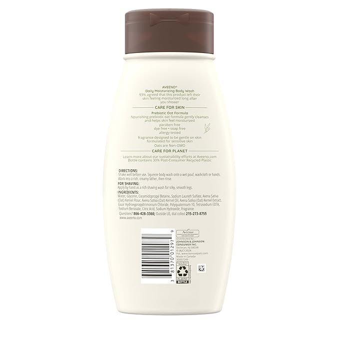 Aveeno Daily Moisturizing Body Wash for Normal to Dry Skin, Sensitive Skin Formula with Prebiotic Oat, Gently Cleanses & Nourishes Dry Skin, Lightly Scented Body Wash for Women and Men, 18 Fl Oz