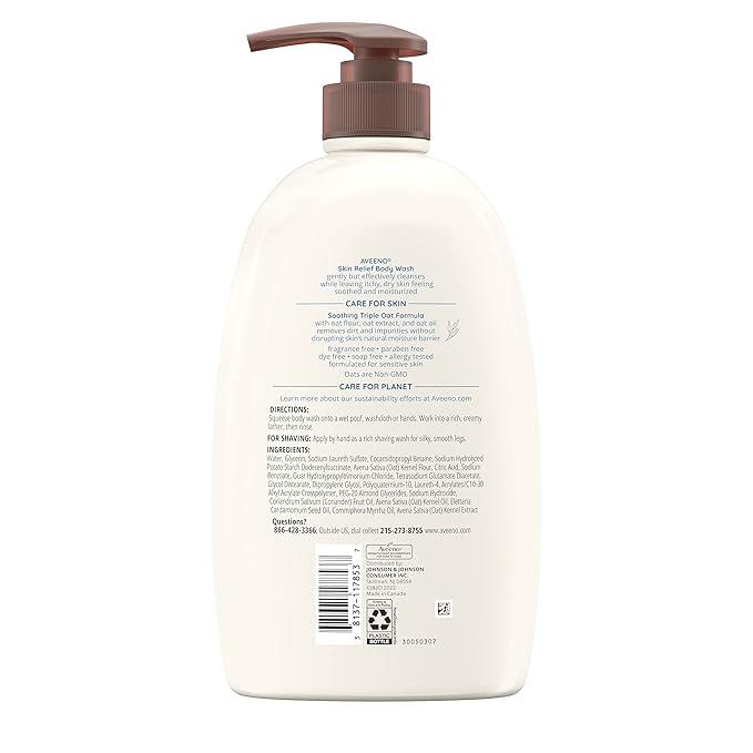 Aveeno Skin Relief Body Wash with Triple Oat Complex, Fragrance-Free, Gentle Daily Body Wash for Sensitive Skin Leaves Itchy, Dry Skin Feeling Soothed & Moisturized, Value Size 33 Fl Oz