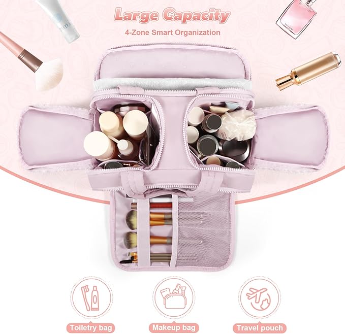todbown Travel Toiletry Bag:  Large Capacity, 4 Compartments, Wet/Dry Separation, Ultra-Soft Lightweight Fabric & Anti-Spill Design for Travel,Gym,Gift(11.8" L) (Soft Pink)