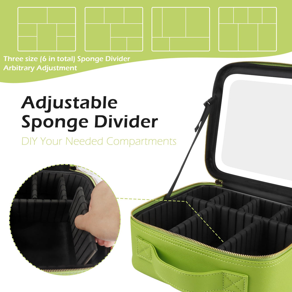MOMIRA Travel Makeup Bag Cosmetic Bag Makeup Organizer Bag with Lighted Mirror, Adjustable Brightness in 3 Color Scenarios, Waterproof Makeup Train Case, Gift for Women - Grass Green