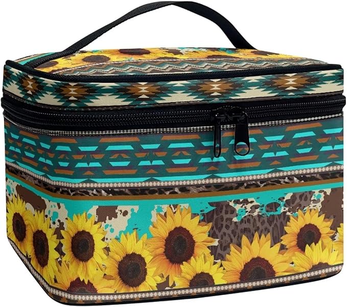 Drydeepin Western Aztec Sunflower Makeup Bag for Women Ladies Classic Cheetah Leopard Pattern Portable Cosmetic Bag with Zipper and Carry Handle Make Up Tote Bags Boho Tribal Toiletry Case Organizer