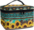 Drydeepin Western Aztec Sunflower Makeup Bag for Women Ladies Classic Cheetah Leopard Pattern Portable Cosmetic Bag with Zipper and Carry Handle Make Up Tote Bags Boho Tribal Toiletry Case Organizer