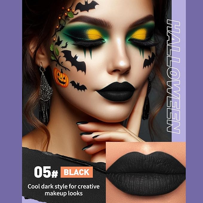Domality 6pcs Matte Liquid Lipstick Makeup Set, Dark Black Green Purple Red Orange White Lip Gloss Kit With Case, Vivid Vampire Velvet Lip Stick for Halloween Cosplay Goth Costume Makeup
