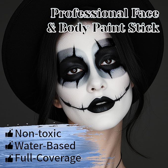 YBUETE Black White Grey Face Body Paint Stick Set for Halloween Cosplay SFX