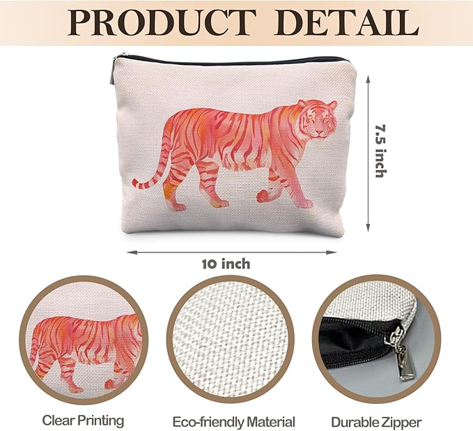Likjad Preppy Tiger Makeup Bag, Trendy Pink and Orange Tiger Cosmetic Bags for Women, Tigers Gifts Makeup Pouch, Animal Lovers Gift Zipper Pouch