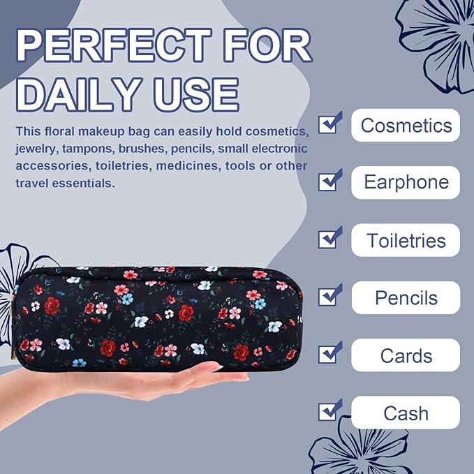 UIXIZQ Waterproof Small Floral Pencil Case Makeup Bag for Purse,Cute Flower Pencil Pouch Preppy Nylon Makeup Brush Holder with Zipper,Girls Portable Storage Case Pen Bag for Work(Slim Black-Flowers)
