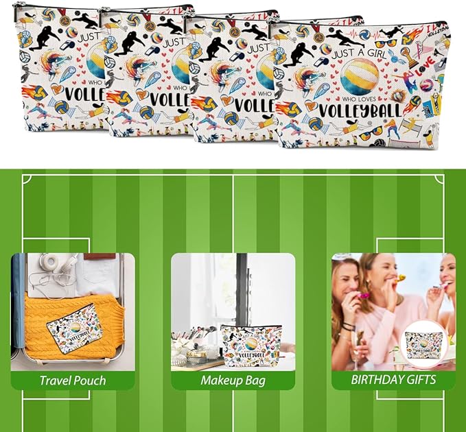 CQM 4pcs Volleyball Cosmetic Bag for Women, Volleyball Makeup Bag Pouch Accessories for Players Teams Stuff, Sport Party, Birthday Graduation Gifts for Her Women Friends