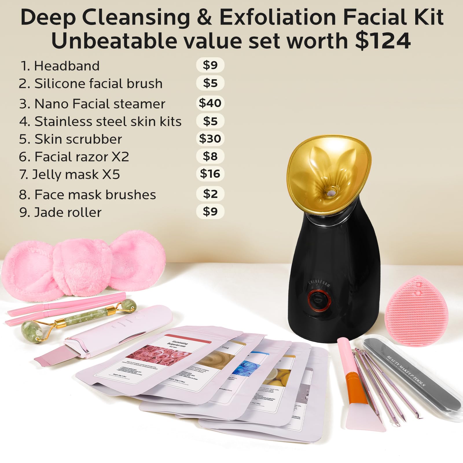 Colorfarm Facial Steamer Spa Kit with 17 Skin Care Tools for Home Spa