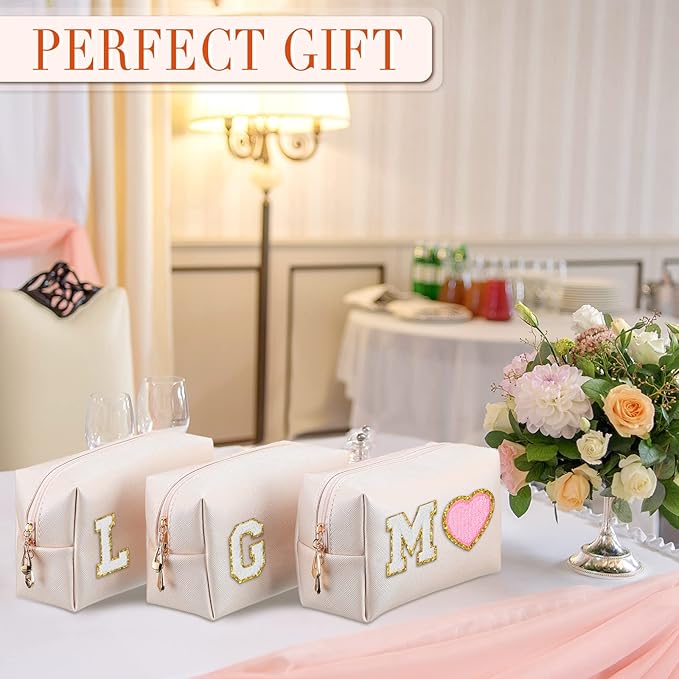 Sanwuta 9 Pcs Makeup Bags Bulk Bridesmaid Proposal Gifts Cosmetic Bags Preppy PU Leather Double Zipper Toiletry Pouch Portable Travel Organizer Case for Women Bachelorette Gift(Ivory White)