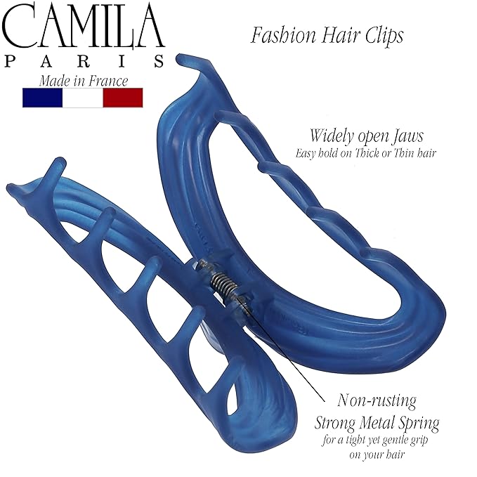Camila Paris CP3532 French Hair Clips for Women, 3" Blue, Medium Claw Clip Strong Hold All Day, No Damage No Slip Claw Clips for Thick Curly Wavy Fine Straight Hair, Jaw Clip Made in France