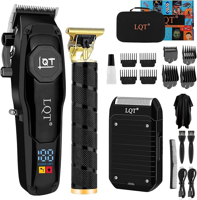LQT 4-in-1 Men's Hair Clippers Kit, Includes Nose Hair Trimmer, Electric Shaver, and Engraving Trimmer, Wireless USB Rechargeable Grooming Set, Blue Ombre Design, Ideal Gift for Men (Black)