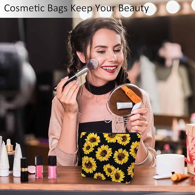 Kalygon Sunflower Cosmetic Bags For Women, Blossom Sunflowers Yellow Roomy Makeup Bag Toiletry Bag Accessories Organizer Storage Bags Makeup Pouch For Travel Business Gym Camping Bathroom