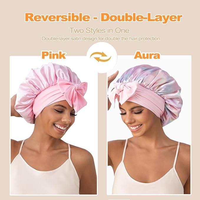 GDTOGRT Satin Silk Bonnet for Sleeping Women, Double Layer Sleep Hair Bonnets Caps for Curly Natural Hair with Tie Band - Aura