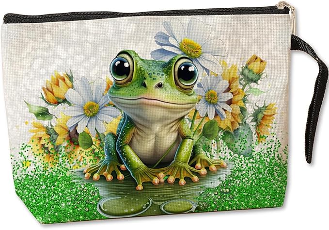 Cute Frog Makeup Bag Frog Gifts Frog Themed Gifts for Women Animal Lover Her Mom Wife Best Friend Aunt Niece BFF Toiletry Bag Mothers Day Graduation Birthday Gifts Daisy Flower Cosmetic Bag