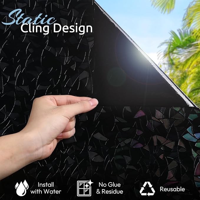 rabbitgoo Window Privacy Film Rainbow Film Decorative Window Sticker, 3D Static Stained Glass Cling Tint for Room Darkening Day Sleep, Black, 23.6 x 157.4 inches