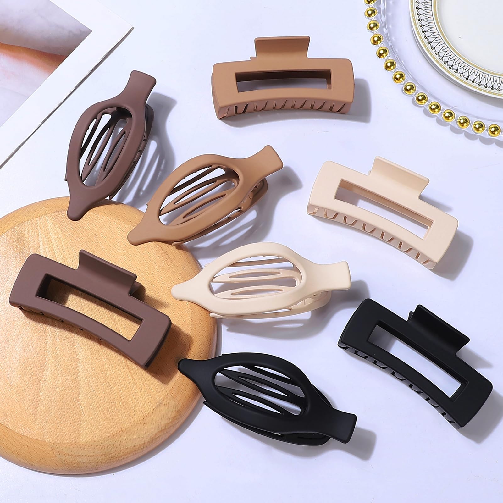 CHANDAT Hair Clips for Women 4.3 Inch Large Hair Claw Clips 8 pcs Square Claw Clips & Flat Hair Clips for Thick or Thin Hair French Concord Hair Barrettes Alligator Hair Accessories for Women (Brown)