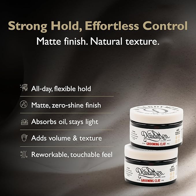 DandyMen Strong Hold Matte Hair Clay for Men – Natural Finish Styling Kaolin Clay – Firm Hold, No Shine – 3.4 oz, 2-Pack