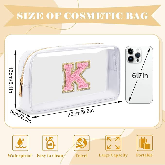 UIXIZQ Personalized Initial Letter Clear Makeup Bag,Preppy Small Nylon&PVC Cosmetic Zipper Bag with Chenille Letter,Travel Skincare Toiletry Bag,Monogram Christmas Gift for Teen Girls Women,K