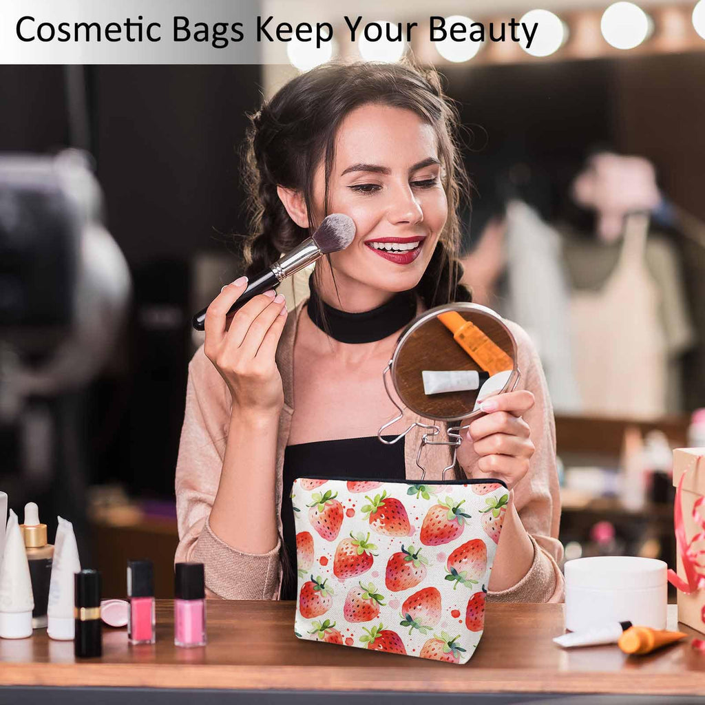 Kalygon Strawberry Cosmetic Travel Bag For Toiletries, Summer Fruits Strawberry Red Makeup Bag Toiletry Bags For Women, Flax Cosmetic Bags Make Up Bag Purse Toiletries Bag Birthday Gift