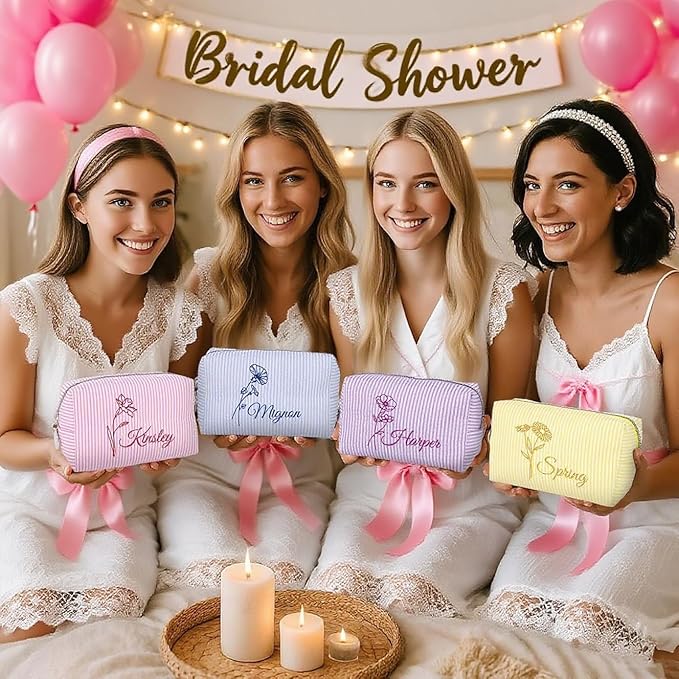 DayOfShe Personalized Makeup Bag Embroidered with Name&Birth Flower, Personalized Birthday Bridesmaids Gifts for Women Teen Girls,Custom Seersucker Cosmetic Toiletry Travel Make Up Bags
