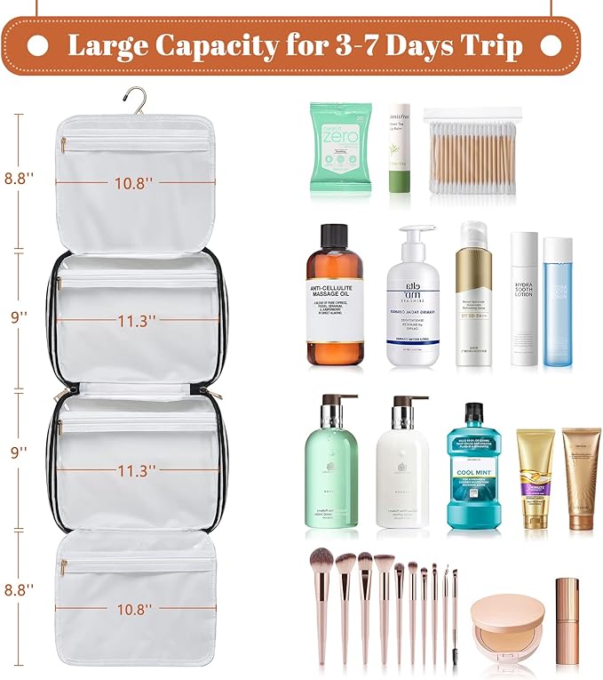 Toiletry Bag for Women, Water-resistant Travel Makeup Organizer with Hanging Hook, 5 Compartments Large Cosmetic Case for Accessories, Shampoo and Full Sized Container, Shower Bag, Christmas Gift