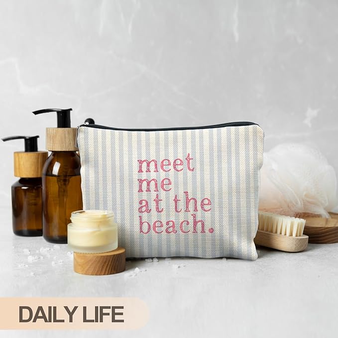 RYYCDOI Coastal Beach Makeup Bag, Meet Me at the Beach Cosmetic Bags for Women, Gifts for Ocean Lovers, Preppy Cute Blue Striped Beachy Nautical Zipper Makeup Pouch