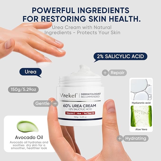 VREKEF Urea Cream 60% with 2% Salicylic Acid, Urea Cream 60 Percent for Feet Maximum Strength, Foot Cream & Callus Remover for Dry Cracked Heels, Rough Thick Skin, Deep Hydration, 5.29 oz