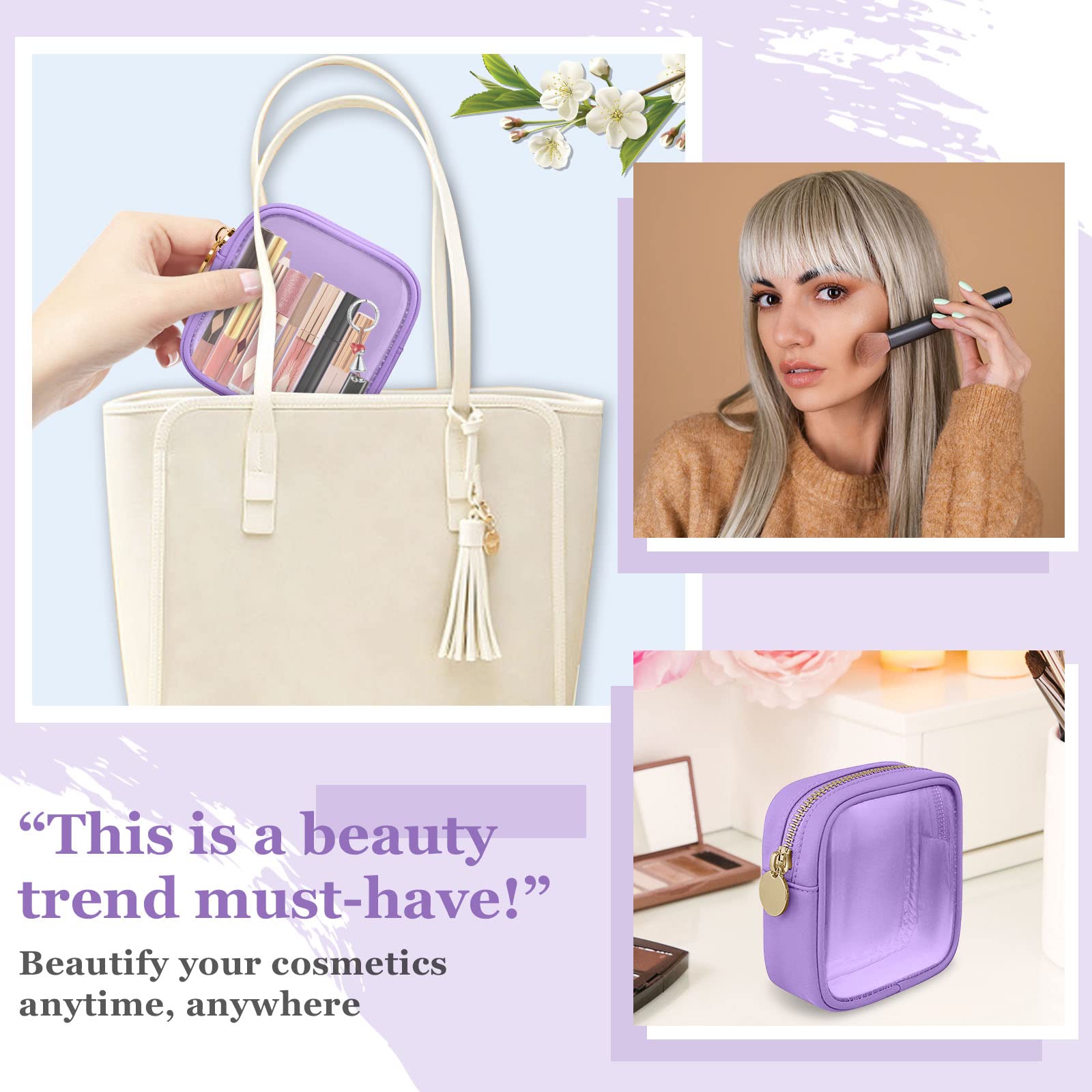 Mini Clear Travel Makeup Organizer Bag for Purse, Small Cute Makeup Bag Preppy Cosmetic Zipper Pouch Purse, Transparent PVC & Nylon Travel Coin Pouch Sanitary Napkin Storage Bag for Women Girl(Purple)