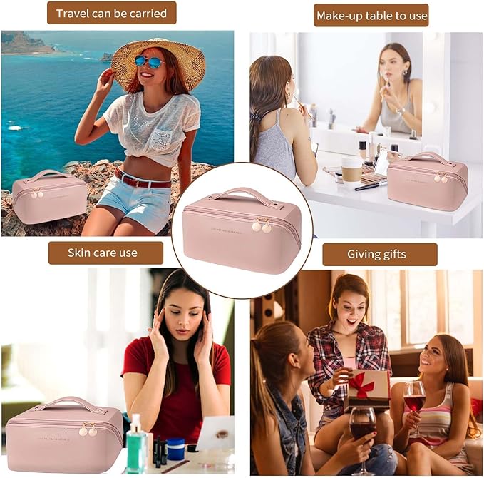 zaleeta Travel Makeup Bag, Large Capacity Cosmetic Organizer Bags for Women, Waterproof PU Leather Toiletry Bags, Wide Open Flat Makeup Case with Divider and Handle